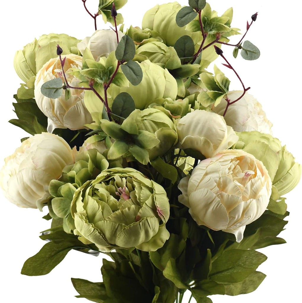 Artificial Peony Bouquets, 2 Cream Beige & Moss Green Silk Flower Bundles for Wedding Centerpieces & Home Decor