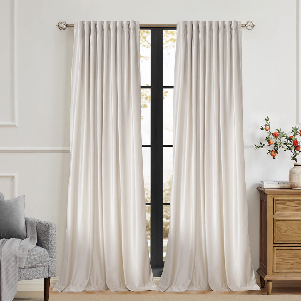 Blackout Ivory Off White Velvet Curtains 90 inch Long, Set of 2 Panels Liner Rod Pocket Back Tab Thermal Window