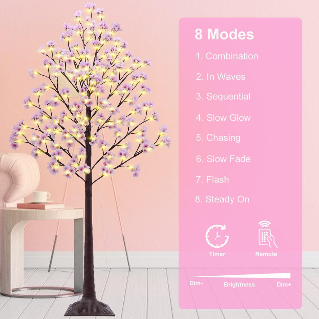 6FT Lighted Cherry Blossom Tree - Faux Artificial Light Up Cherry Blossom Trees with 112 Lights, 336 Lush Flowers