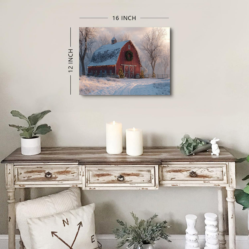 Christmas Farmhouse Canvas Wall Art Red Barn Pictures Wall Decor Christmas Tree Poster Vintage Snowy Country Prints