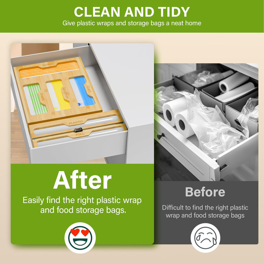 Bamboo Bag Storage Organizer - 2 Wrap Dispenser with Cutter & 4 Slots Food Storage Bags Container - Kitchen Drawer