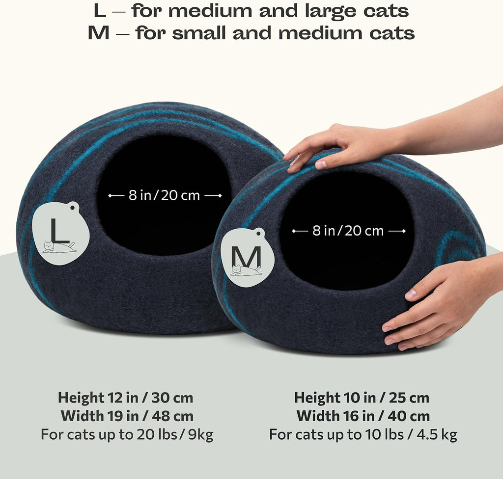 Cat Cave - Merino Wool Bed for Indoor Cats (Back Aqua, Large)