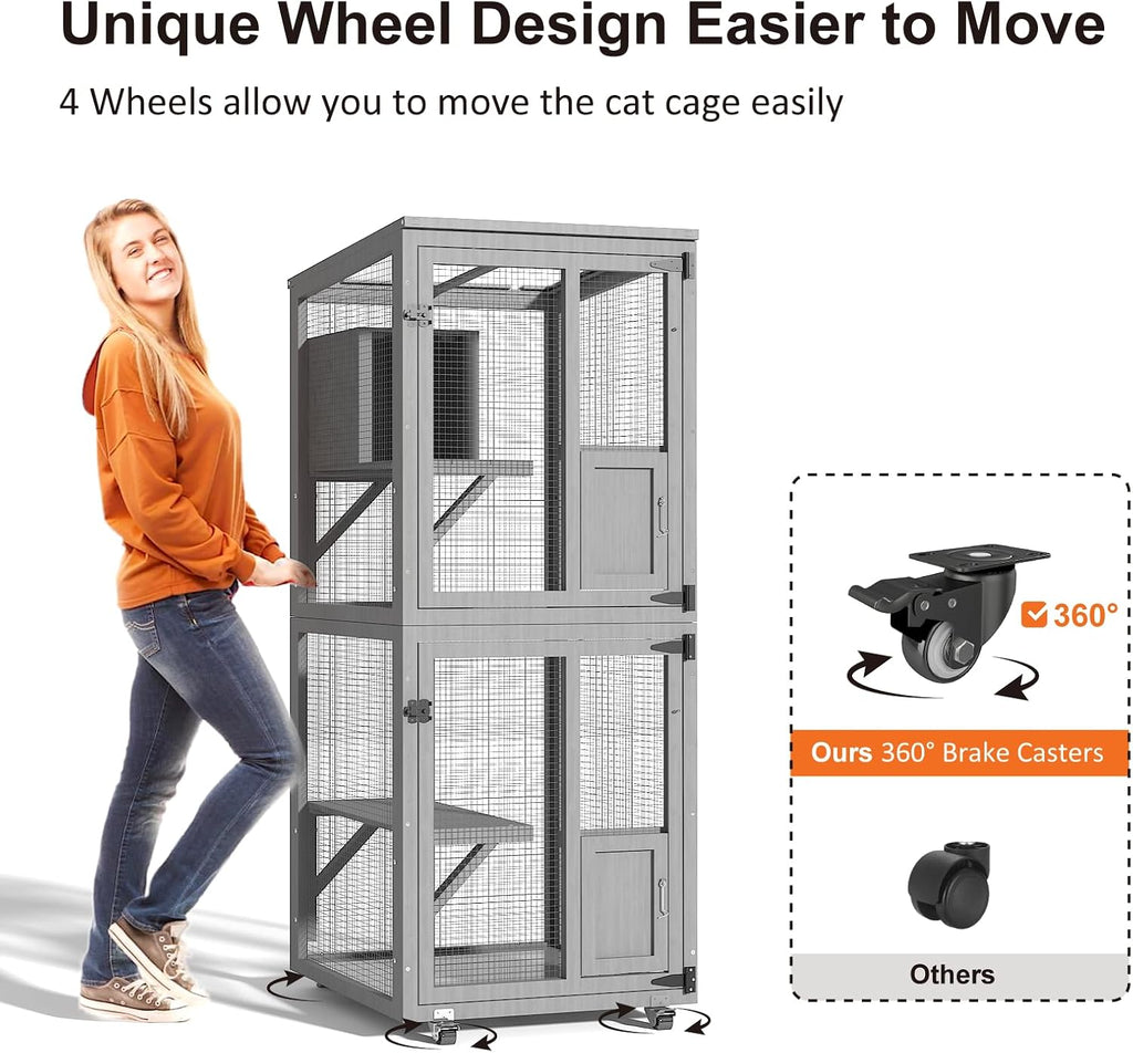 4 Tier Catio Outdoor Cat Enclosure, Indoor Cat House with 4 Wheels