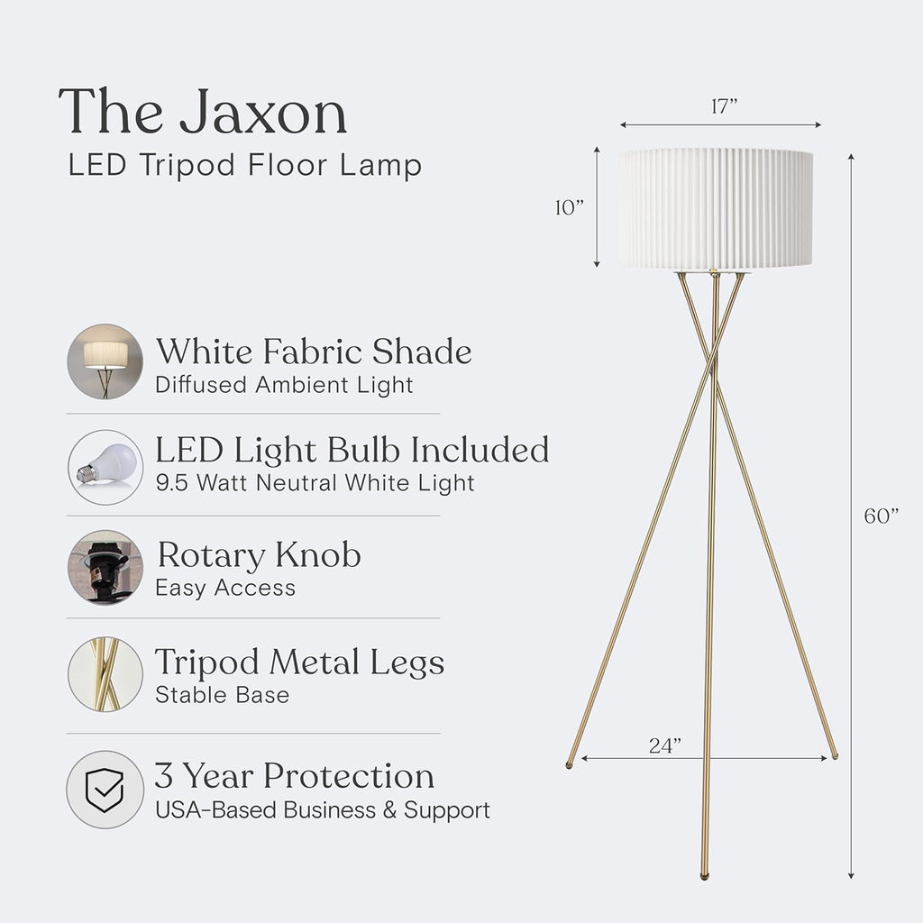 Jaxon Tripod Floor Lamp with Pleated Drum Shade, Modern Lamp, Contemporary and Elegant LED Lamp