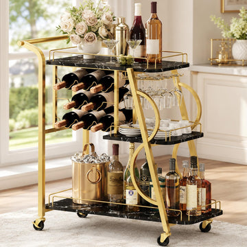 Bar Cart Bar Serving Cart on Wheels, 3 Tier Liquor Carts with Wine Rack and Glass Holder, Rolling Beverage Trolley