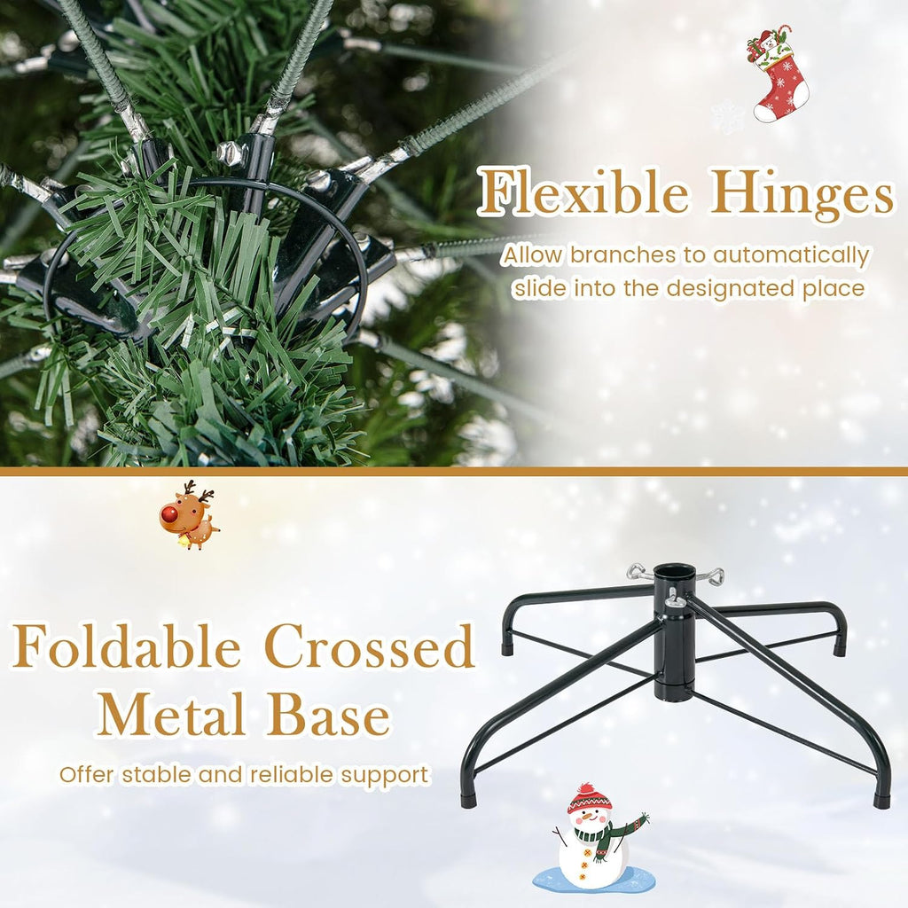 7 FT Pre-Lit Artificial Christmas Tree, Hinged Full Xmas Tree with 1090 PVC & Soft TPE Branch Tips, 370 Warm White