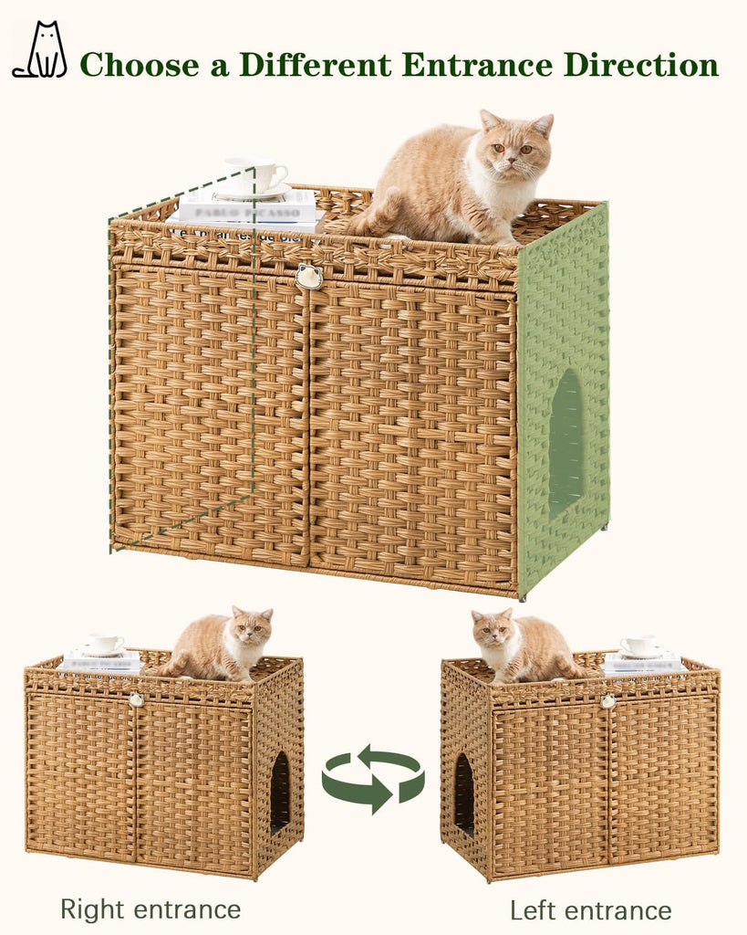 Cat Litter Box Enclosure, Extra Large Hidden PE Rattan Natural