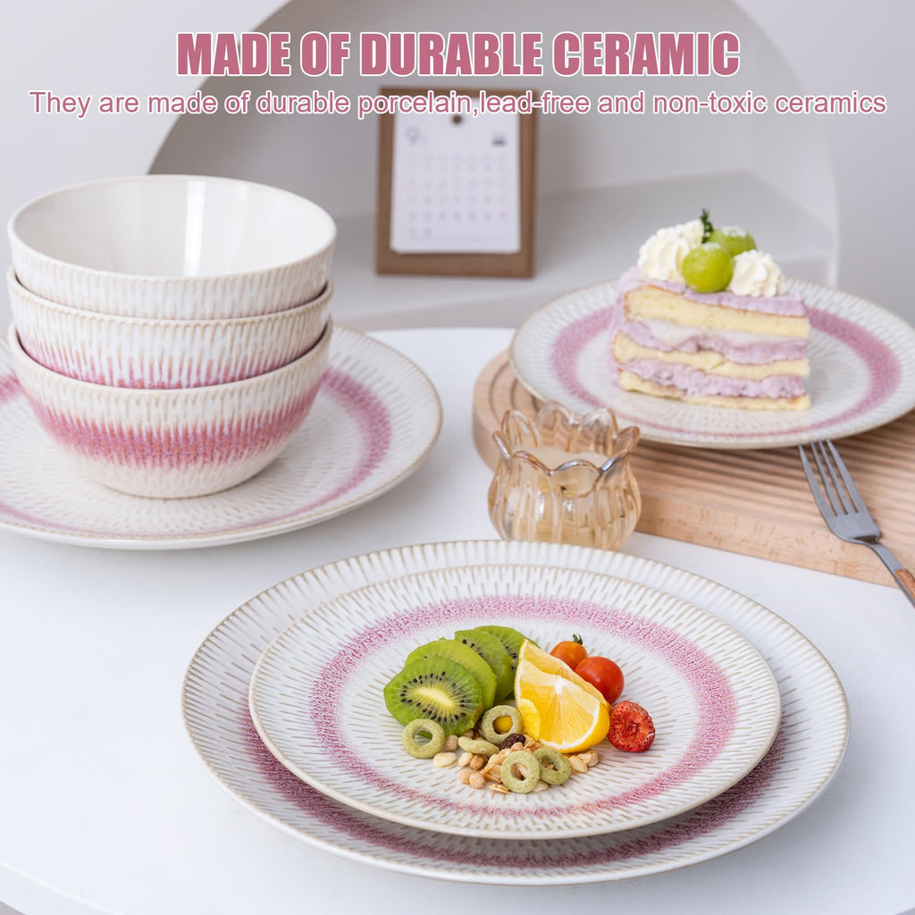 Dinnerware Set Pink Stoneware 12 Pieces Service for 4, Stoneware Plates and Bowls Set, Dishwasher Microwave Safe