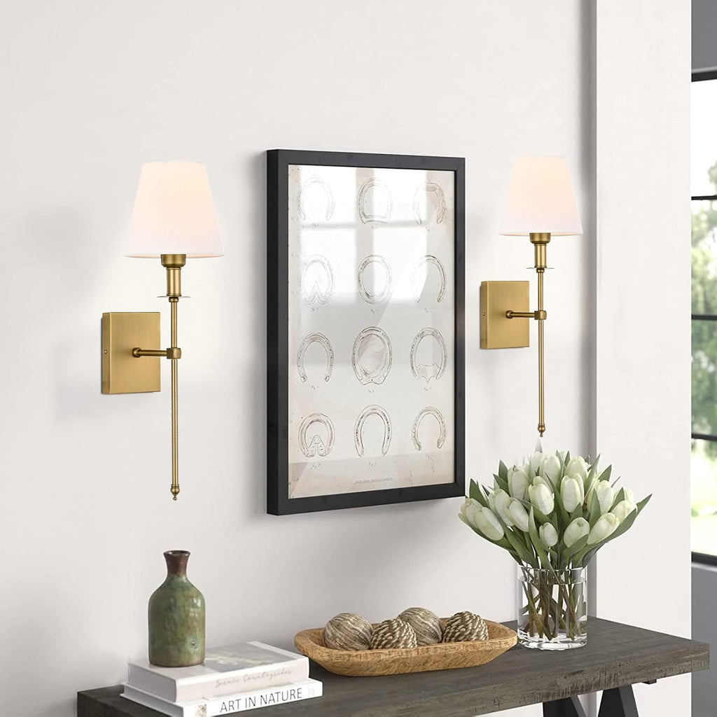 Hardwired Wall Sconces Set of 2 - Professional Installation Required - White Fabric Shade Indoor Wall Lamp Column