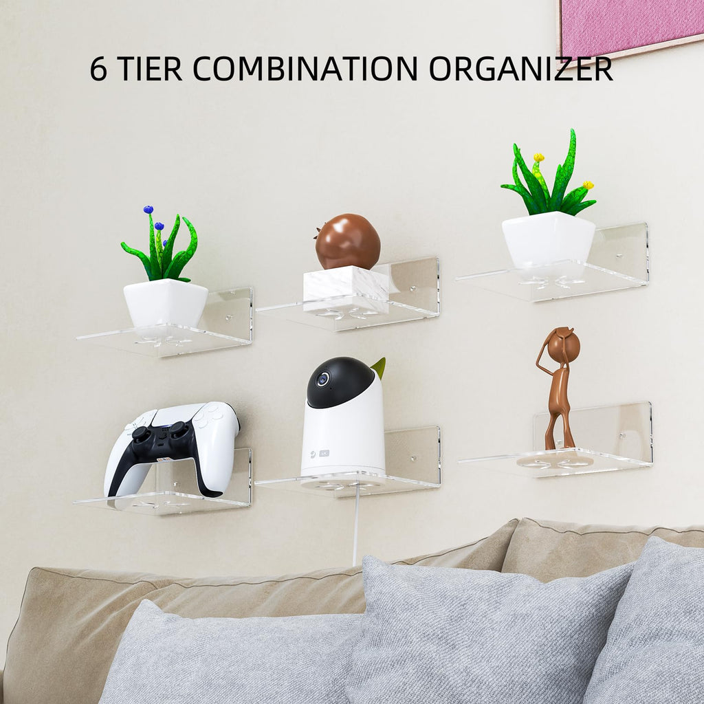 Acrylic Wall Shelves, Clear 6 inch Floating Shelves for Display, Echo, Cameras, Speaker, Router Wall Mounted Transparent