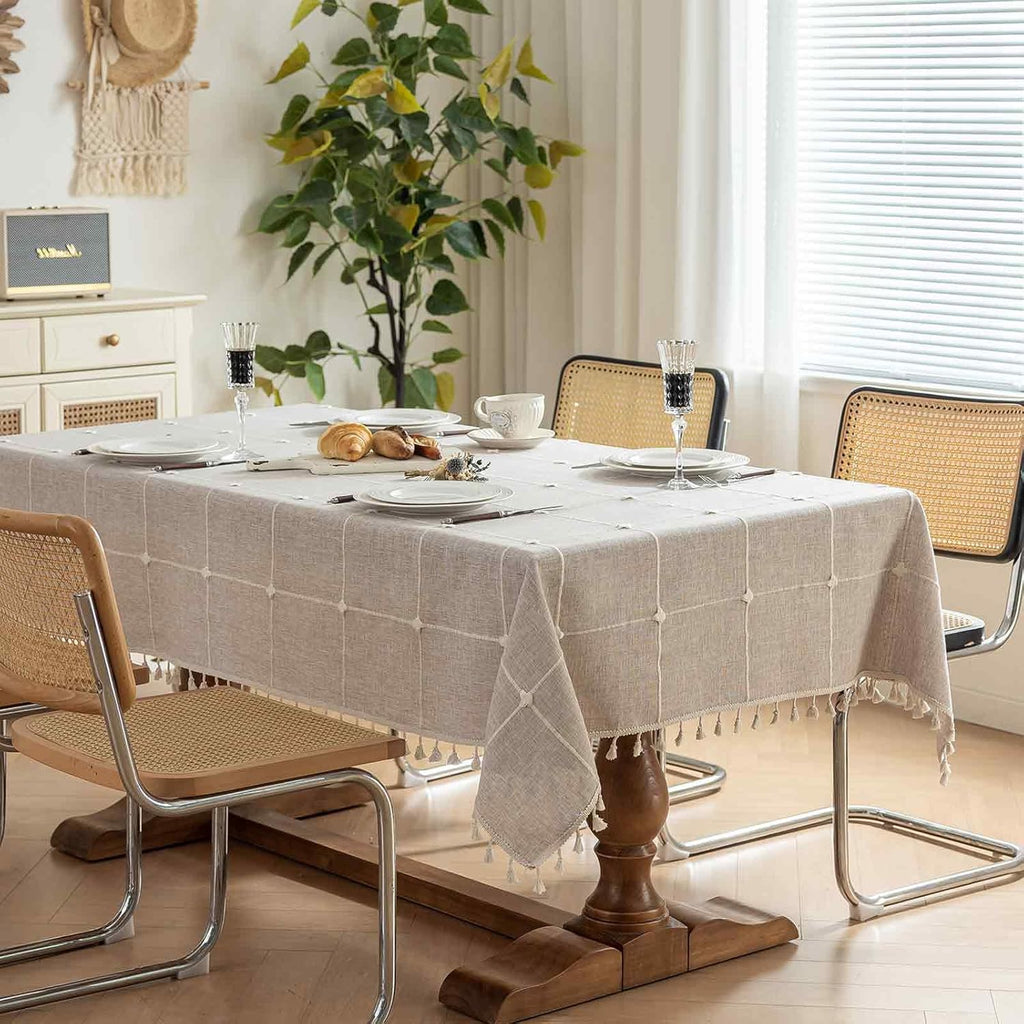 Rectangle Tablecloth Boho Grid with Tassels 55 x 84 Inch, Light Tan Embroidered Table Cloth Cover He