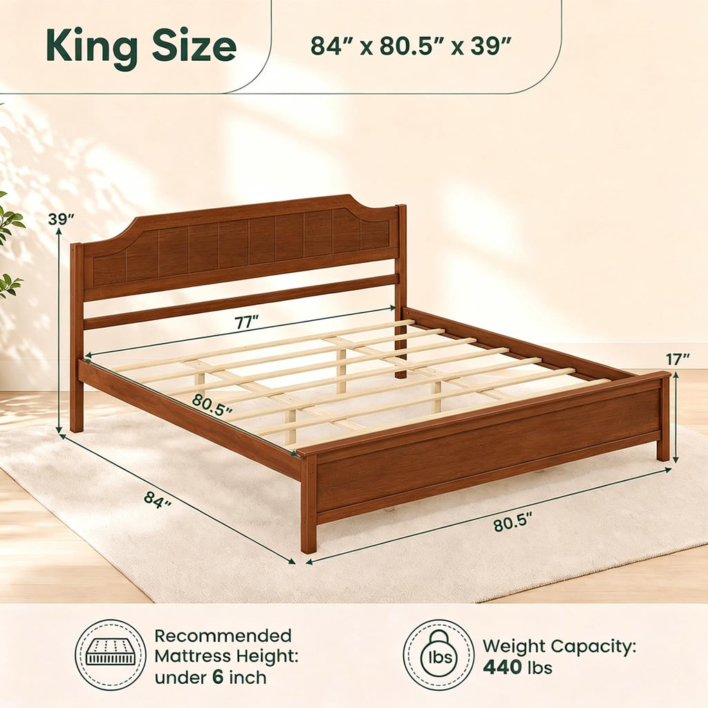 King Size Bed Frame with Headboard, Wood Platform Bed (Walnut)