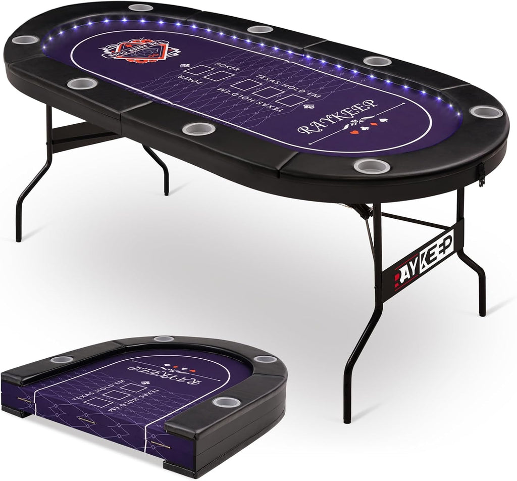 71" LED Poker Table - 8 Player Foldable Texas Hold'em Table with Built-in LED Lights, Padded Rails & 8 Cup Holders