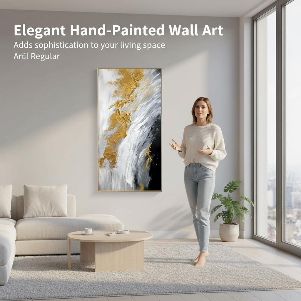Hand-Painted Black and White Abstract Oil Painting on Canvas for Entrance-Hall, Framed Gold Wall Art ,Large 3D Wall