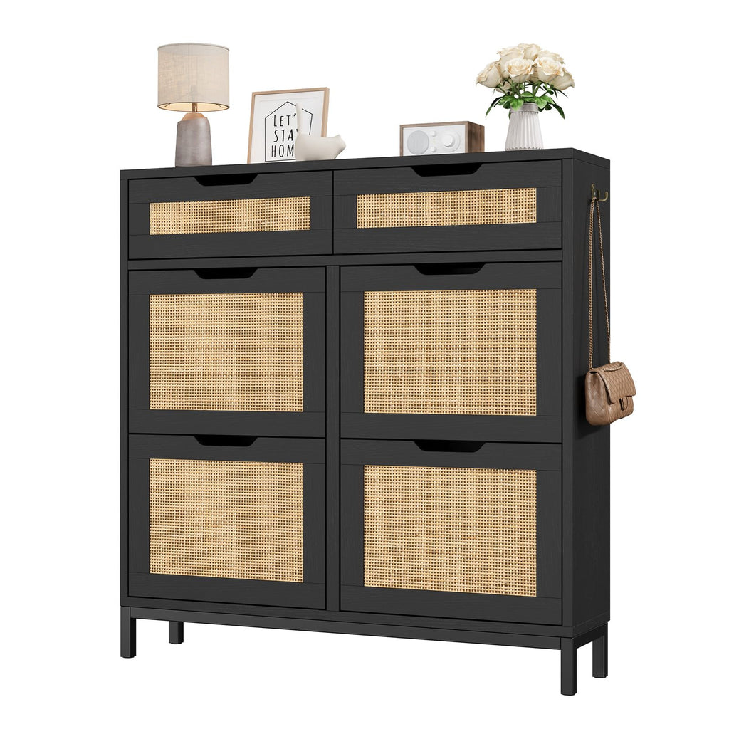 Rattan Shoe Cabinet, Boho Shoe Storage Cabinet with 4 Flip Drawers and 2 Drawers, Narrow Freestanding Shoe Rack with