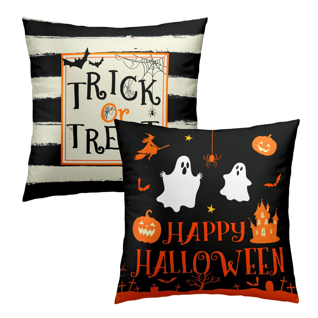 Happy Halloween Ghost Castle Pumpkin Throw Pillow Covers 18X18 Inches Set of 2 Trick or Treat Black and White Stripe