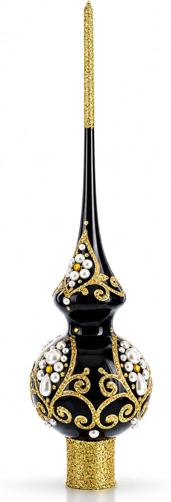 Black and Gold Filigree Design Glass Christmas Tree Topper 11 Inches
