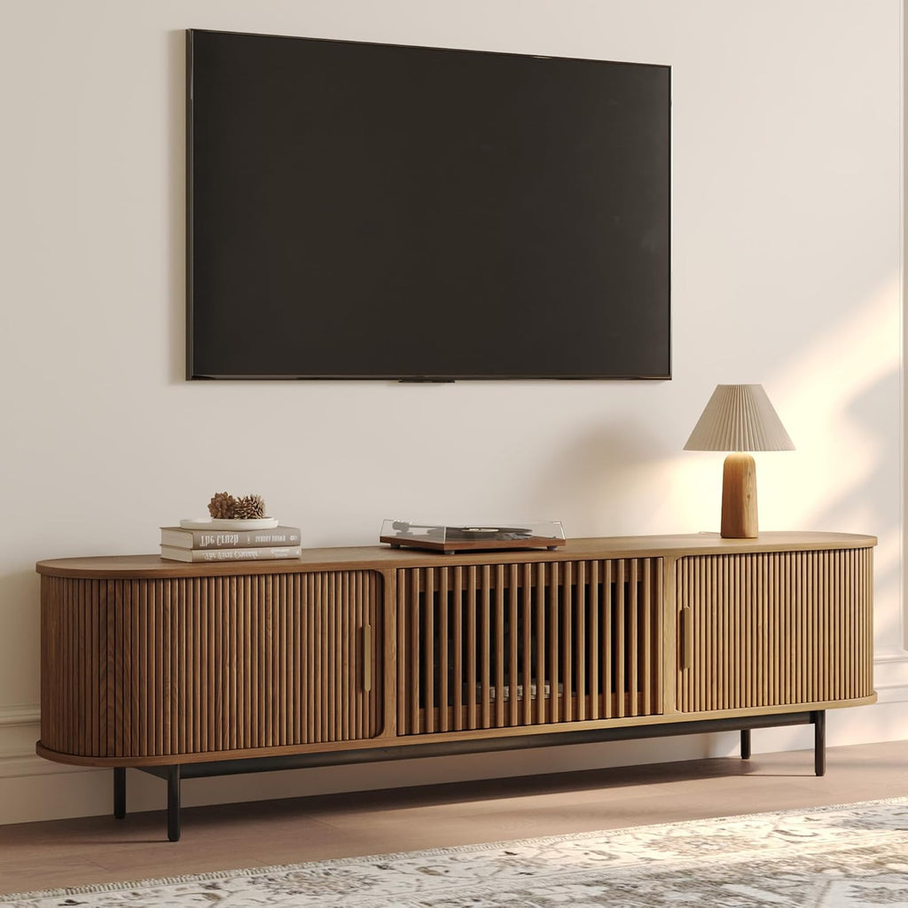 Mid Century Modern TV Stand for 75 inch TV, Sliding Door Entertainment Center with Storage, Wood TV