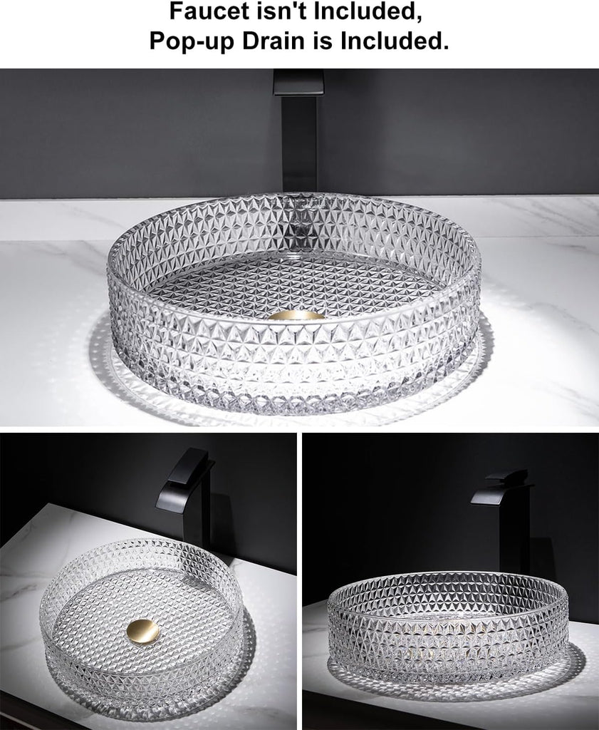 Homary Bathroom Vessel Sink Round Vessel Sink 15.35" x 4.33" Transparent Diamond Shaped Crystal Glass Bathroom Sink