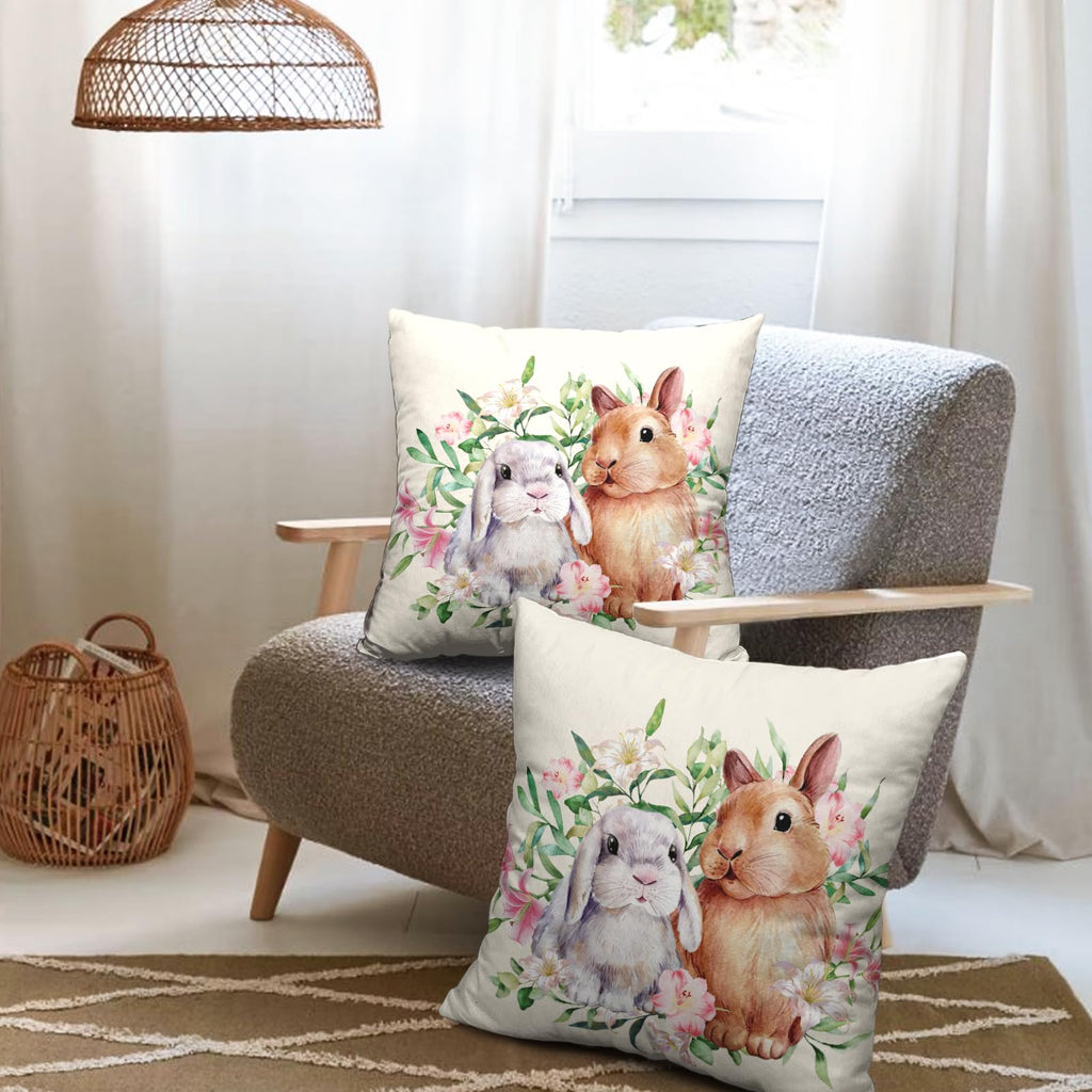 Easter Bunny Flowers Pillow Covers 18x18 Inch Spring Watercolor Rabbit Floral Pillow Cases Set of 2 Farmhouse Outdoor
