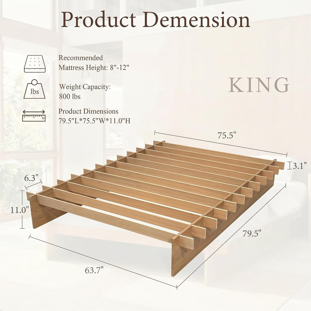 Japanese Platform Bed Frame with Wooden Slats, Easy Assembly