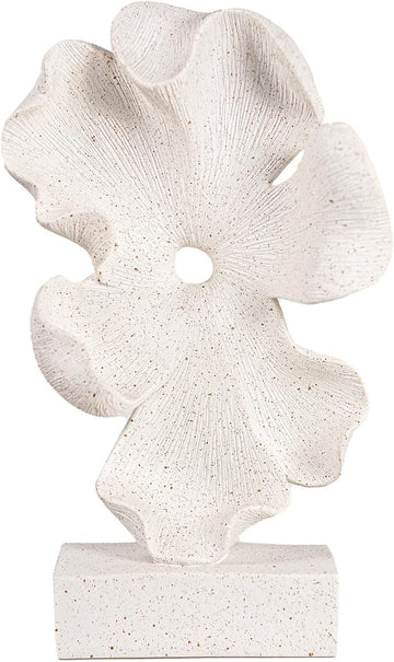 Abstract Flower Sculpture, White Speckled Resin, 10.63 x 6.3 x 2.56 in, Modern Decorative Figurine on Base