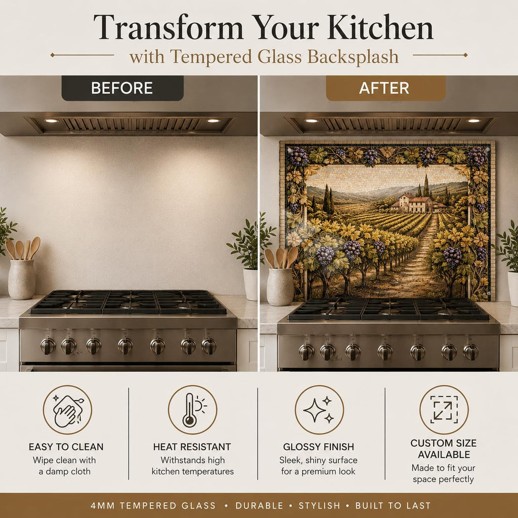 Tempered Glass Backsplash, Mosaic Look Grape Glass Backsplash, Backsplash Wall, Art Kitchen Backsplash, Easy to