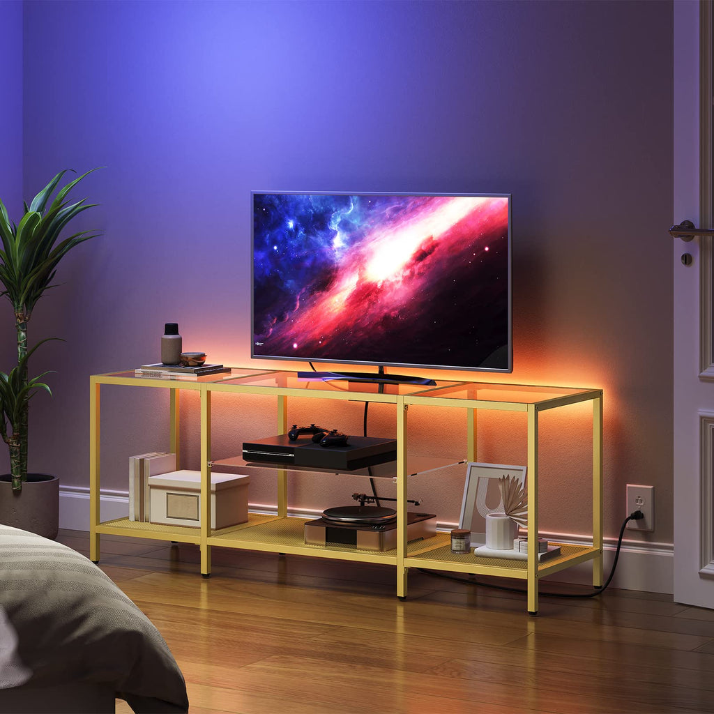 TV Stand with LED Lights and Power Outlets for TVs up to 65", Modern 55 Inch Tempered Glass TV Console Table with
