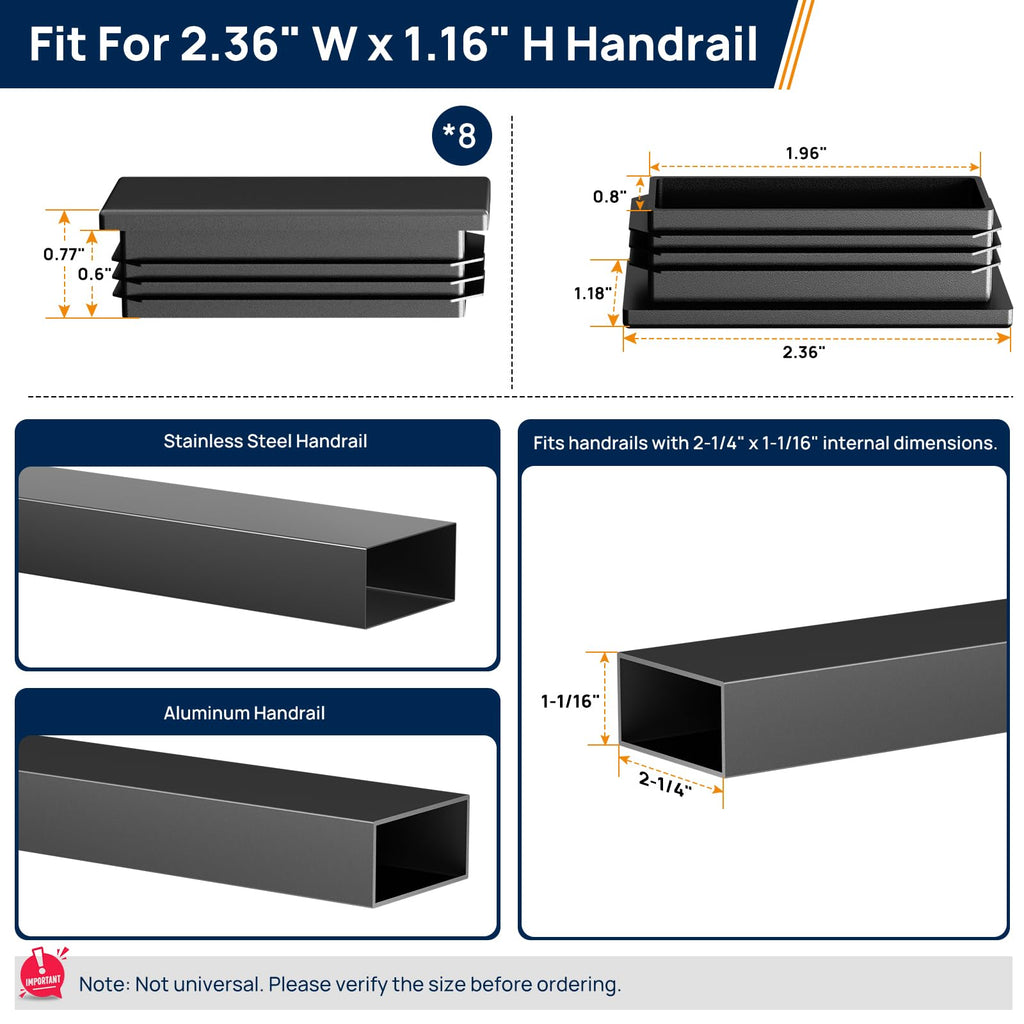 8 Pack Plastic End Cap Fit for 2.36" x1.18" Stainless Steel & Aluminum Flat Handrail, Rectangle Handrail Accessories
