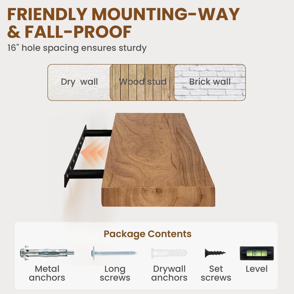 40" Wall Mounted Floating Shelves, Natural Elm Wood, 1 Pack