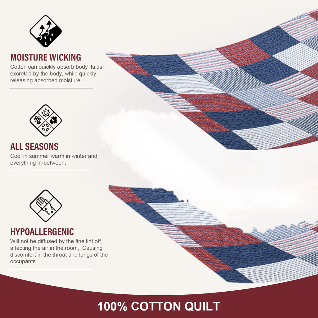 Quilt Set, 100% Cotton Quilt, Blue Red White Patchwork Plaid Quilt Sets, Lightweight