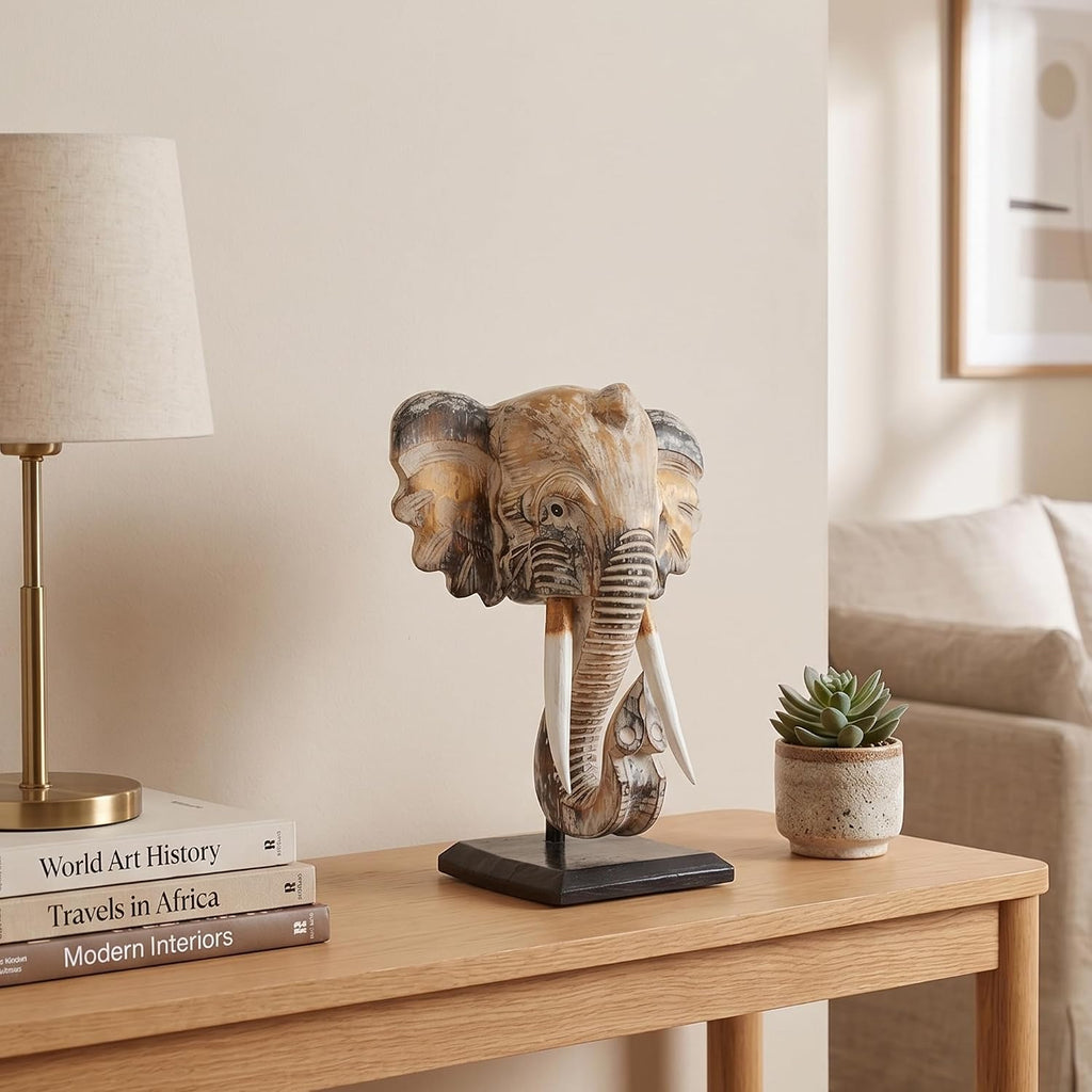 14" Exotic Handcrafted Wooden White Wash Elephant Mask Bust Statue on Stand Sculpture Home Decor Hand Carved Art