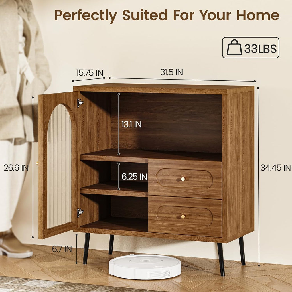 Wood Sideboard Cabinet - Slim Buffet Cabinet with Storage & Drawers | Modern Coffee Bar Cabinet, Small Narrow Accent