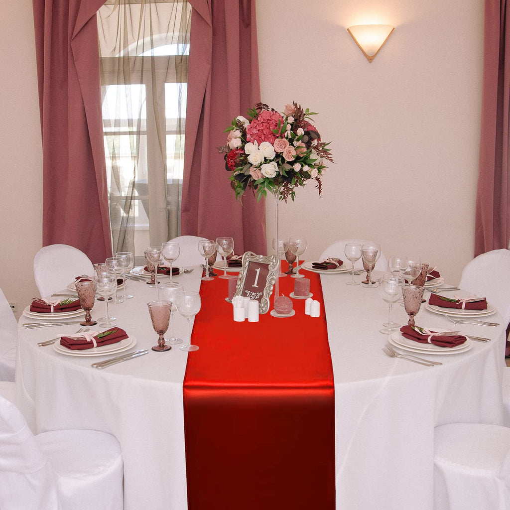 12 Pack 12x108 Inch Satin Table Runner and 84 Inch Round Plastic Tablecloths Set Red and White Disposable Round Table