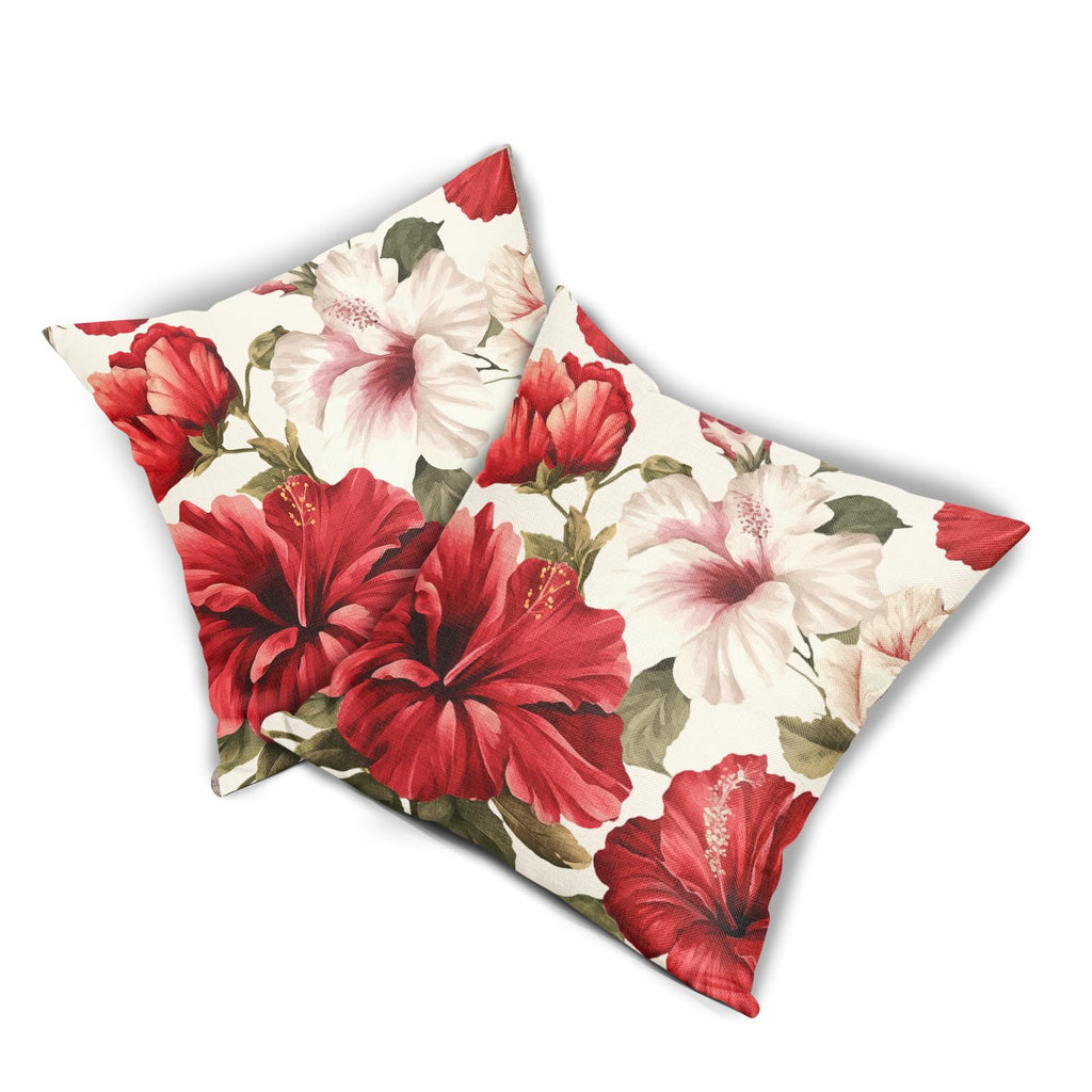 2PCs Hibiscus Flower Pillow Covers Tropical Red White Floral Decorative Throw Pillowcases 20x20inch Spring Summer