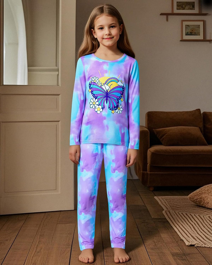 Girls Pajama Set Long Sleeve Top Long Pants Pajamas Kids Tie Dye Cute Pattern Pj Sets Sleepwear