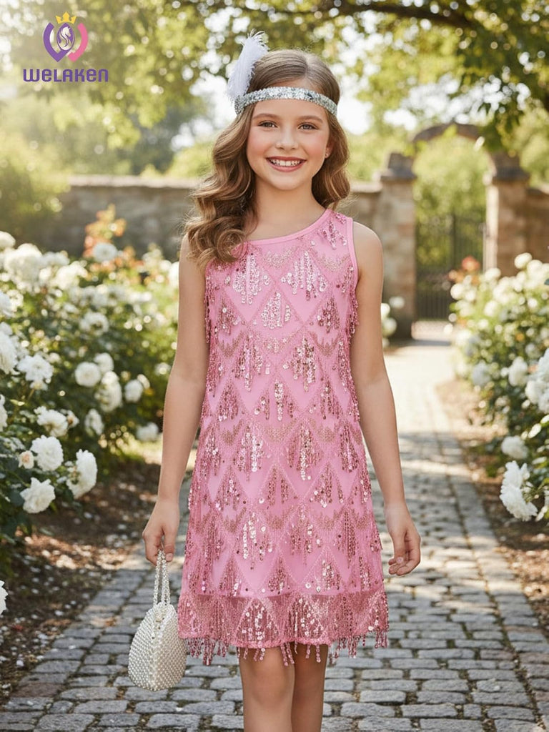 Girls One Shoulder Sequin Fringe Flapper Dress with Side Zipper