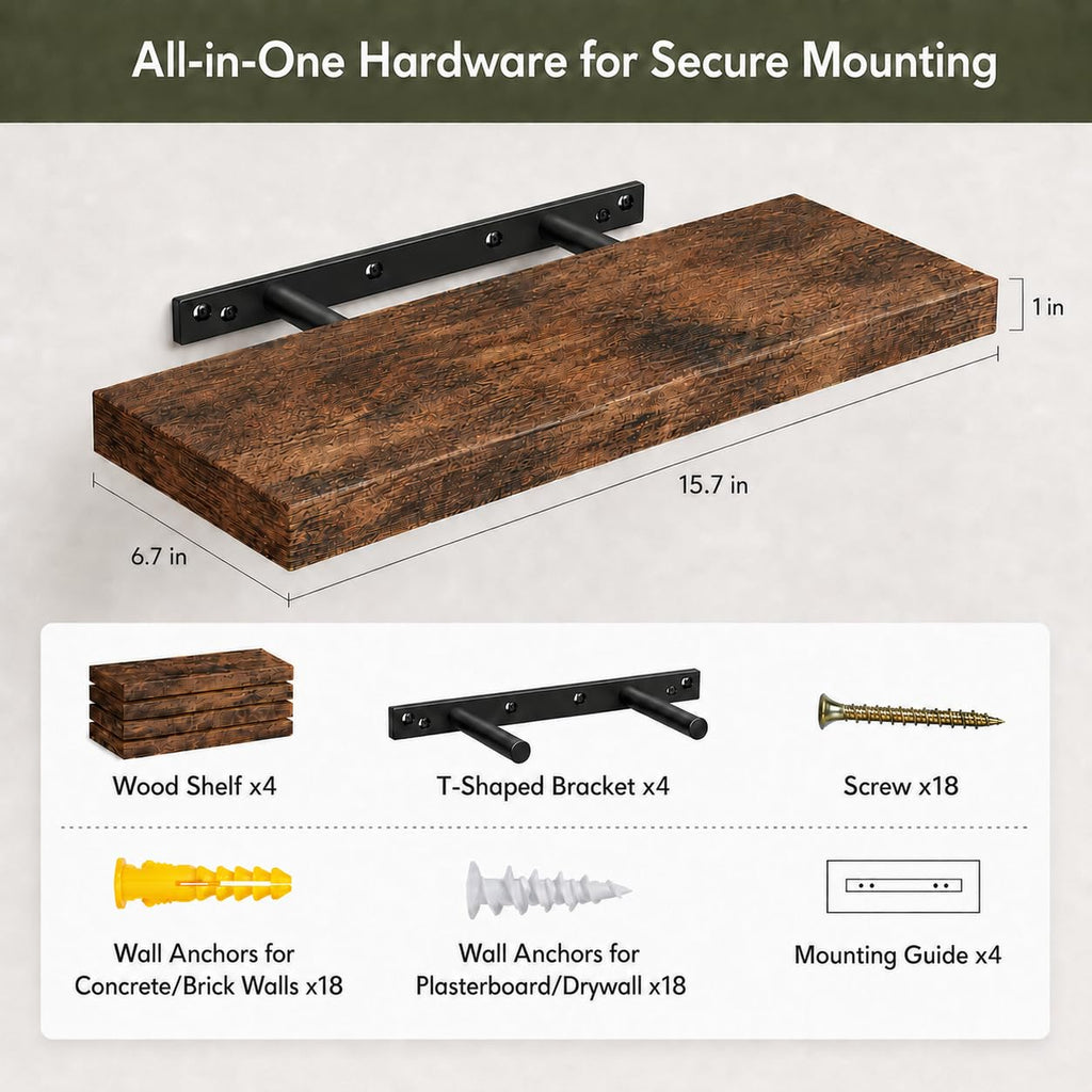Floating Shelves for Wall Decor, Set of 4, 15.7in, Rusitc Brown