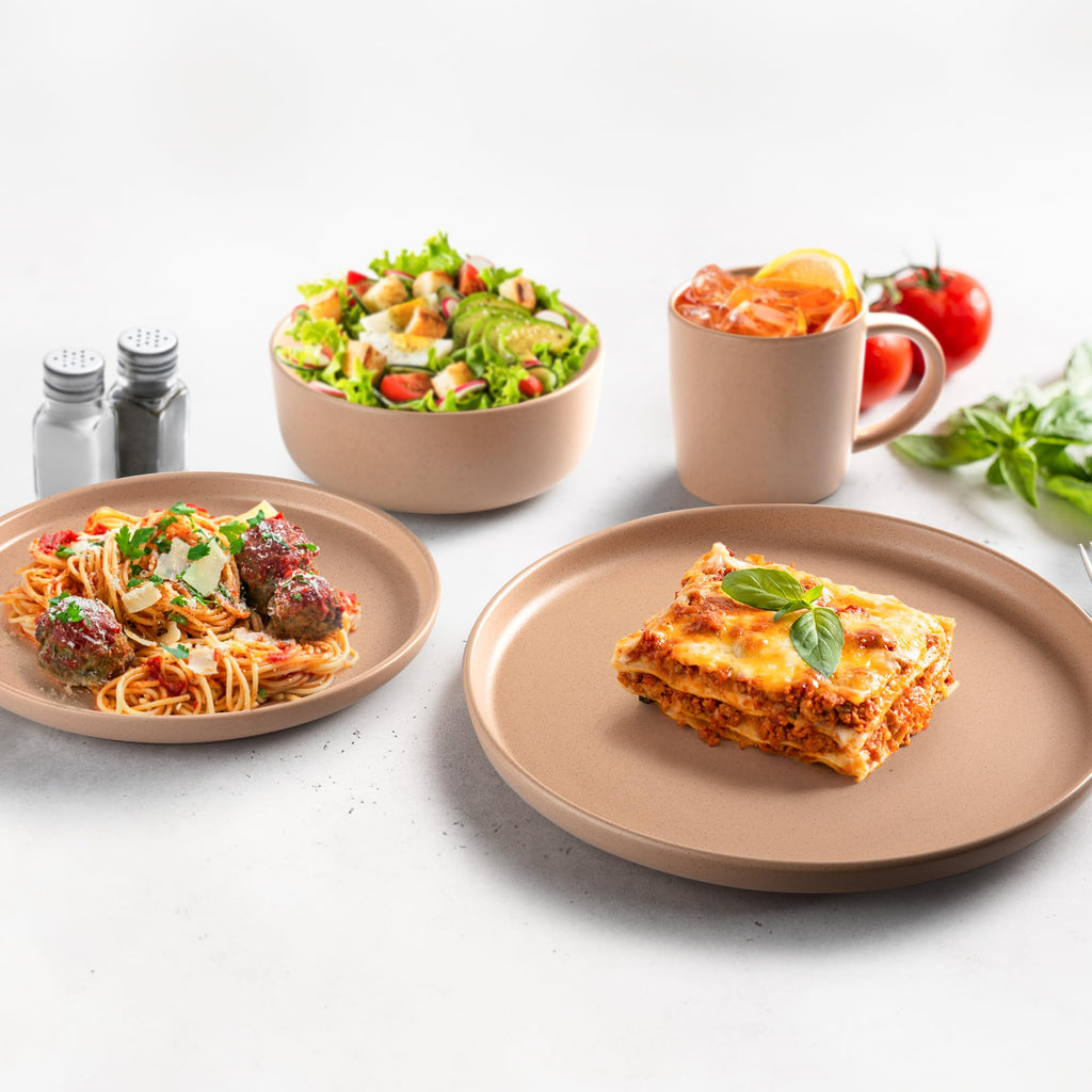 Terra Stoneware Dinnerware Set, Artisanal Ceramic Plates and Bowls Set Crafted at 2300°F - Service for 4, Terracotta