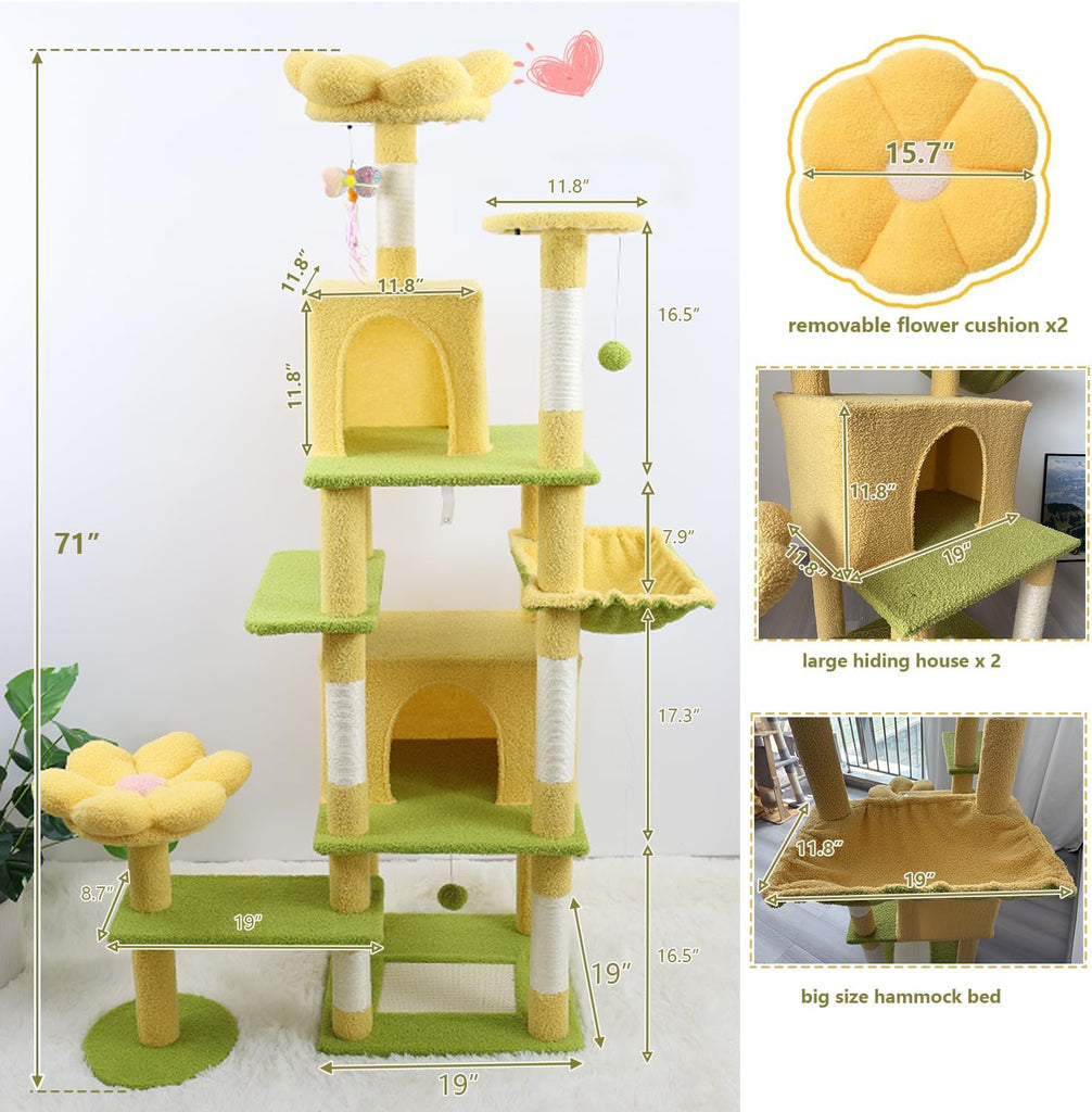 Flower Cat Tree 71 Inches, Large Cat Tower with 2 Detachable Flower Cushions and 2 Hiding Condo, Tall and Big Cat Tree