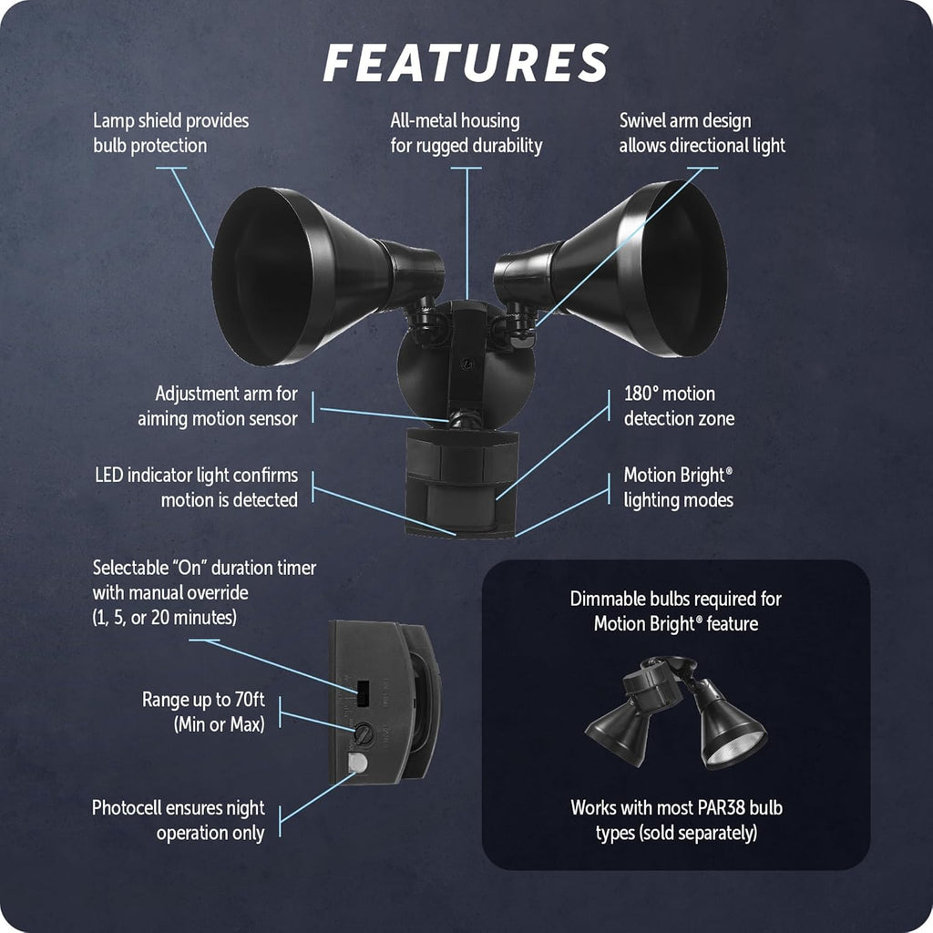 180-Degree 240 W Twin Head Black Hardwired Motion Sensor Security Flood Light with MotionBright