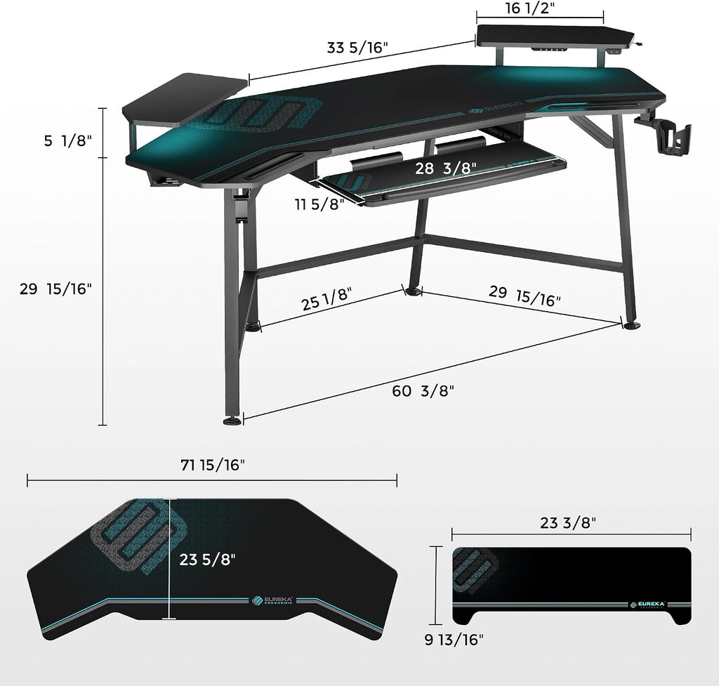 Gaming Desk Wing Shaped Keyboard Tray 72 Inch Black | LED monitor stand with dual headphone hooks and cup holder