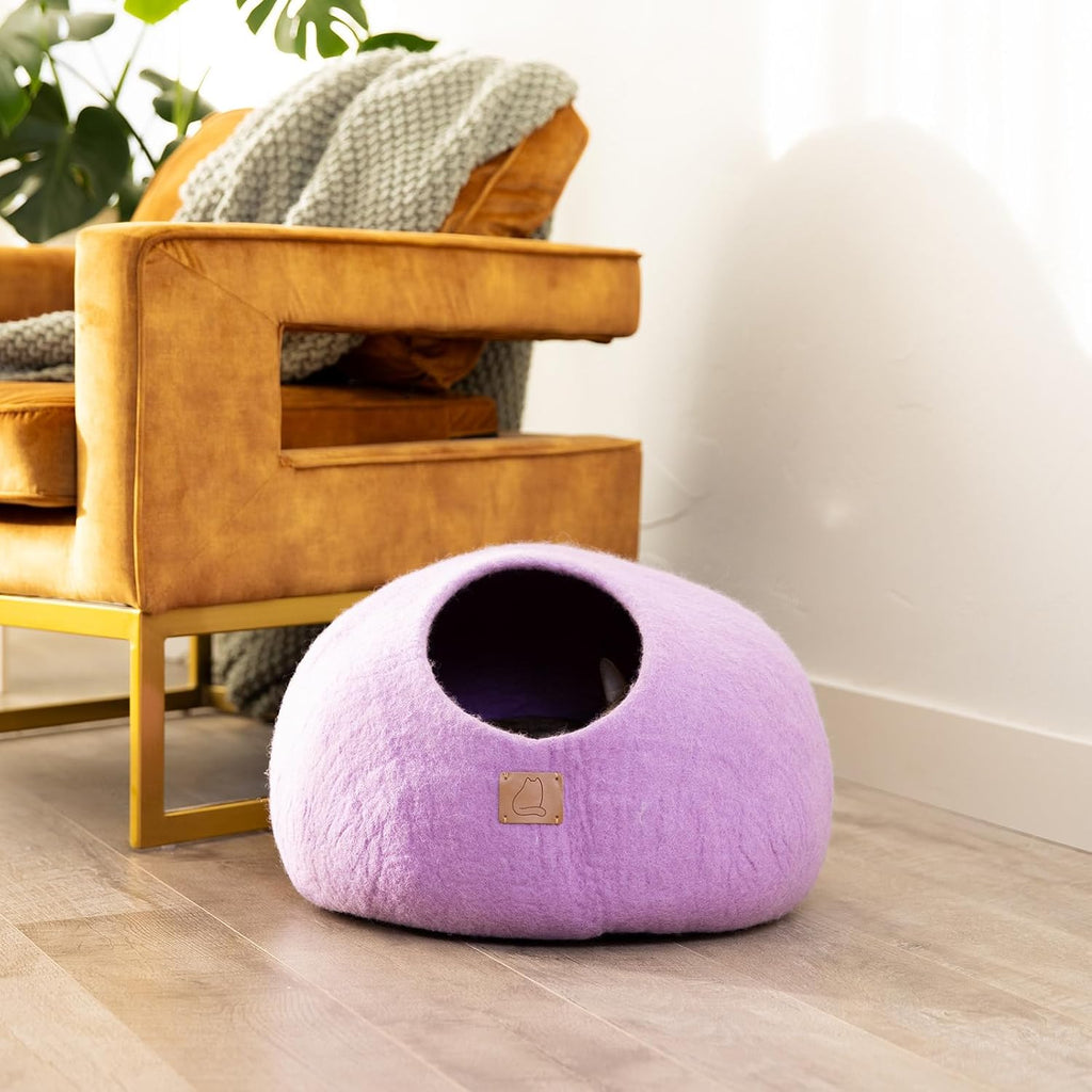 Best Aesthetic Cat Bed - Premium Felted Wool Cat Cave Bed - Cozy Peekaboo Round Cave for Large or Small Cats (Large