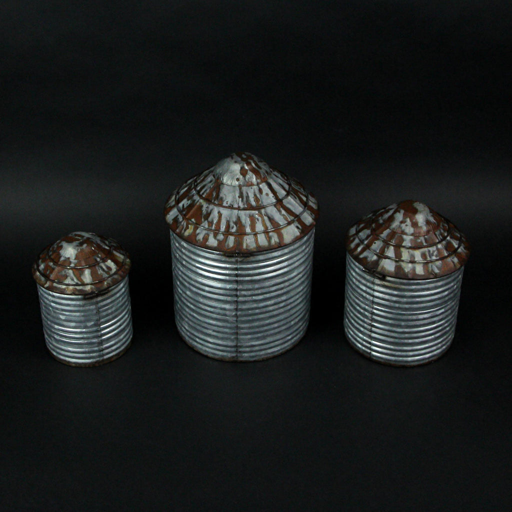 Set of 3 Farm Silo Canisters, 10.75 Inch Tall, Grey Galvanized Zinc Finish