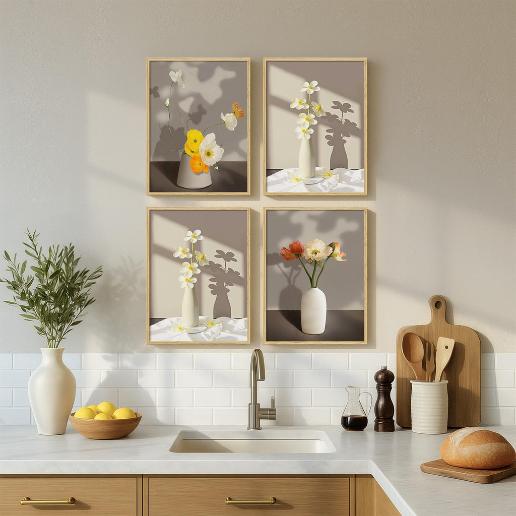 Framed Botanical Floral Wall Art, 4 Piece Yellow Flower Canvas Painting Prints Artwork for Walls, Modern Elegant