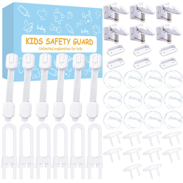 Baby Proofing Kit 46 Pack- Child Safety Locks for Cabinets&Drawers&Adjustable Safety Latches&Corner Guards&Outlet
