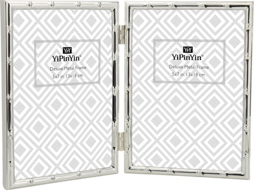 Silver 5x7'' Bamboo Detail Double Metal Picture Frame, Elegant Elegant Narrow Profile Silver Plated Photo Frames With