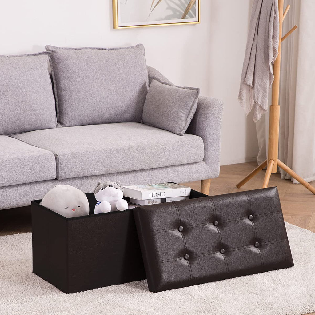 Folding Storage Ottoman Bench, Faux Leather Footrest Couch, 30 inch Storage Bench with Padded Seat Hallway, Holds up