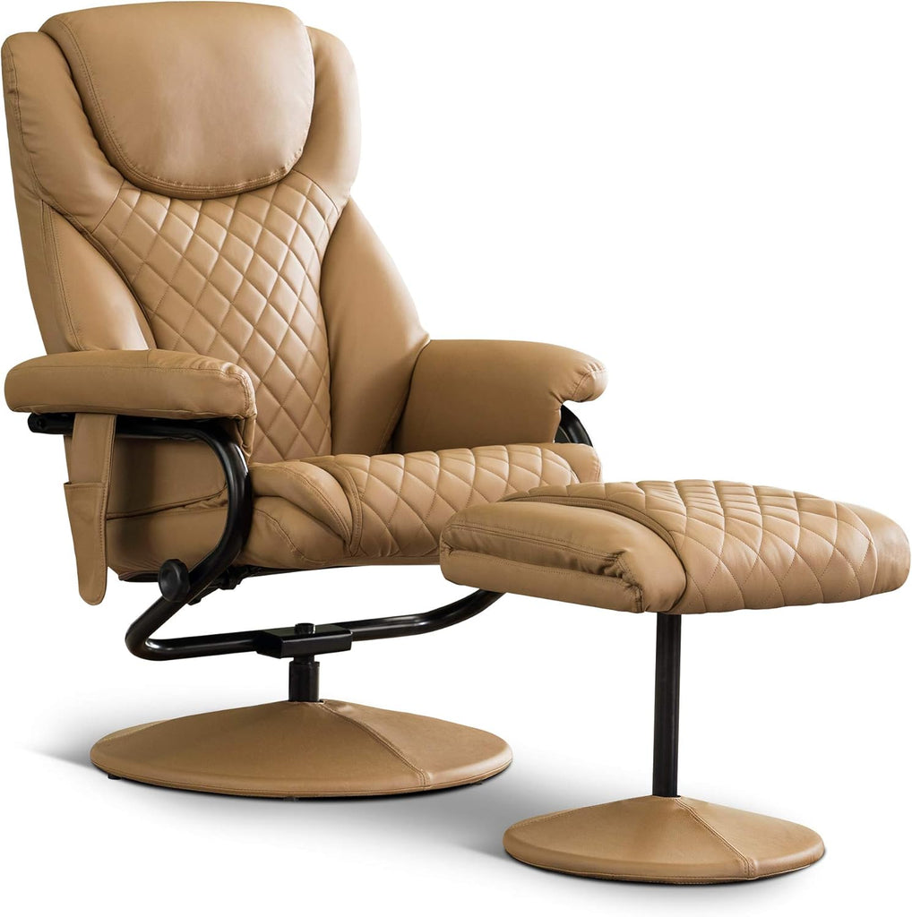 Modern Reclining Swivel Lounge Chair and Ottoman — Cognac Faux Leather
