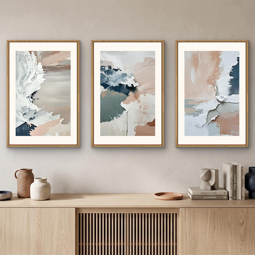 Large Modern Abstract Framed Canvas Wall Art Set, Minimalist Splash ink Blue Pink Pastel Watercolor Wall